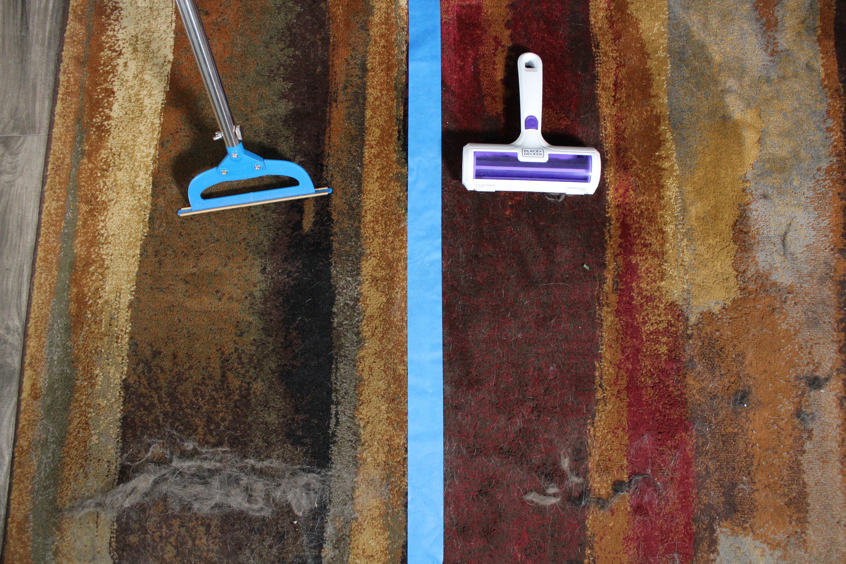 Side-by-side carpet test, PetLovers EzLint reusable roller on the left versus Black+Decker pet hair remover on the right, divided by blue tape