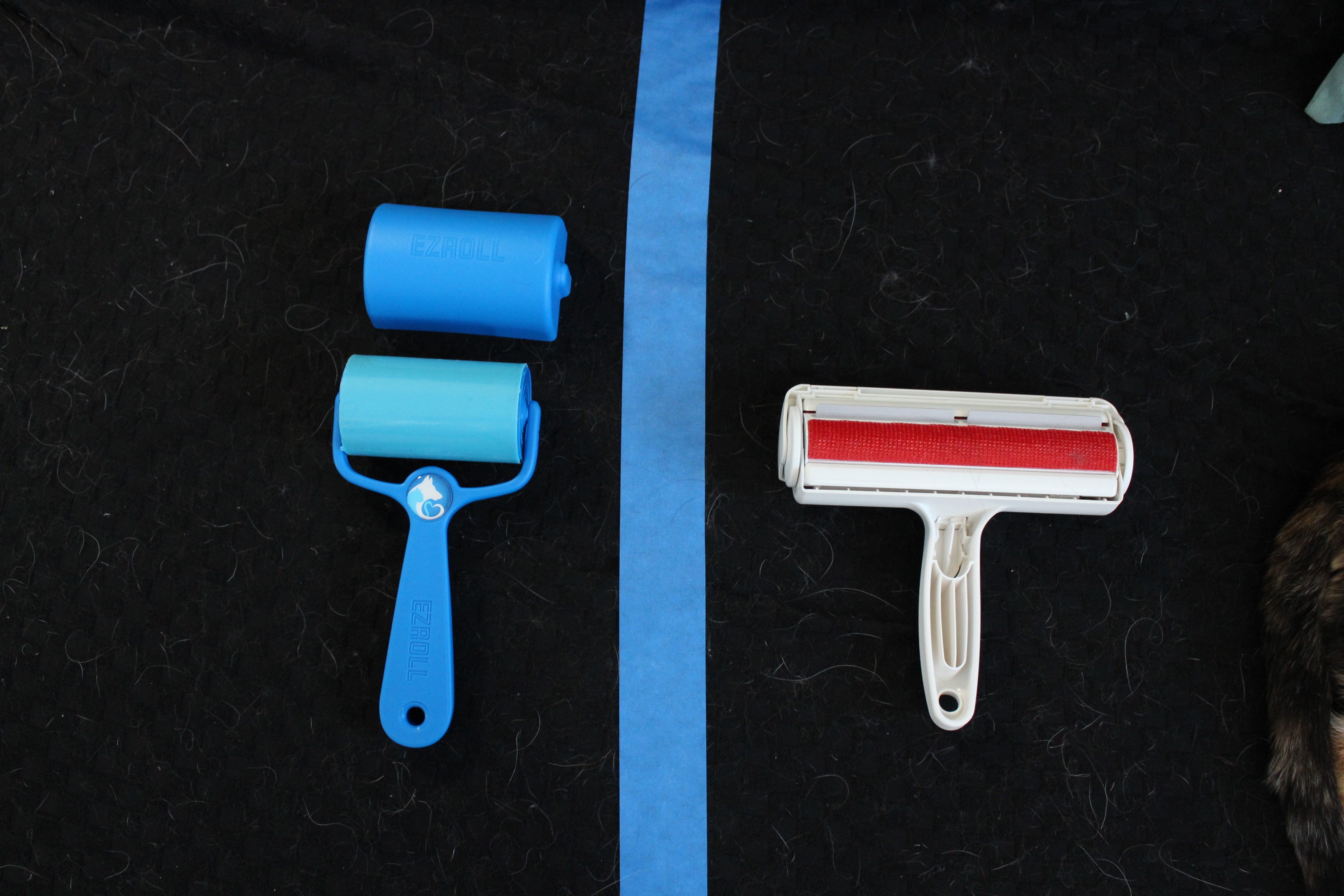 ChomChom roller on the right next to PetLovers EzRoll reusable lint roller on the left, showing both products with chambers and rollers exposed for size and design comparison