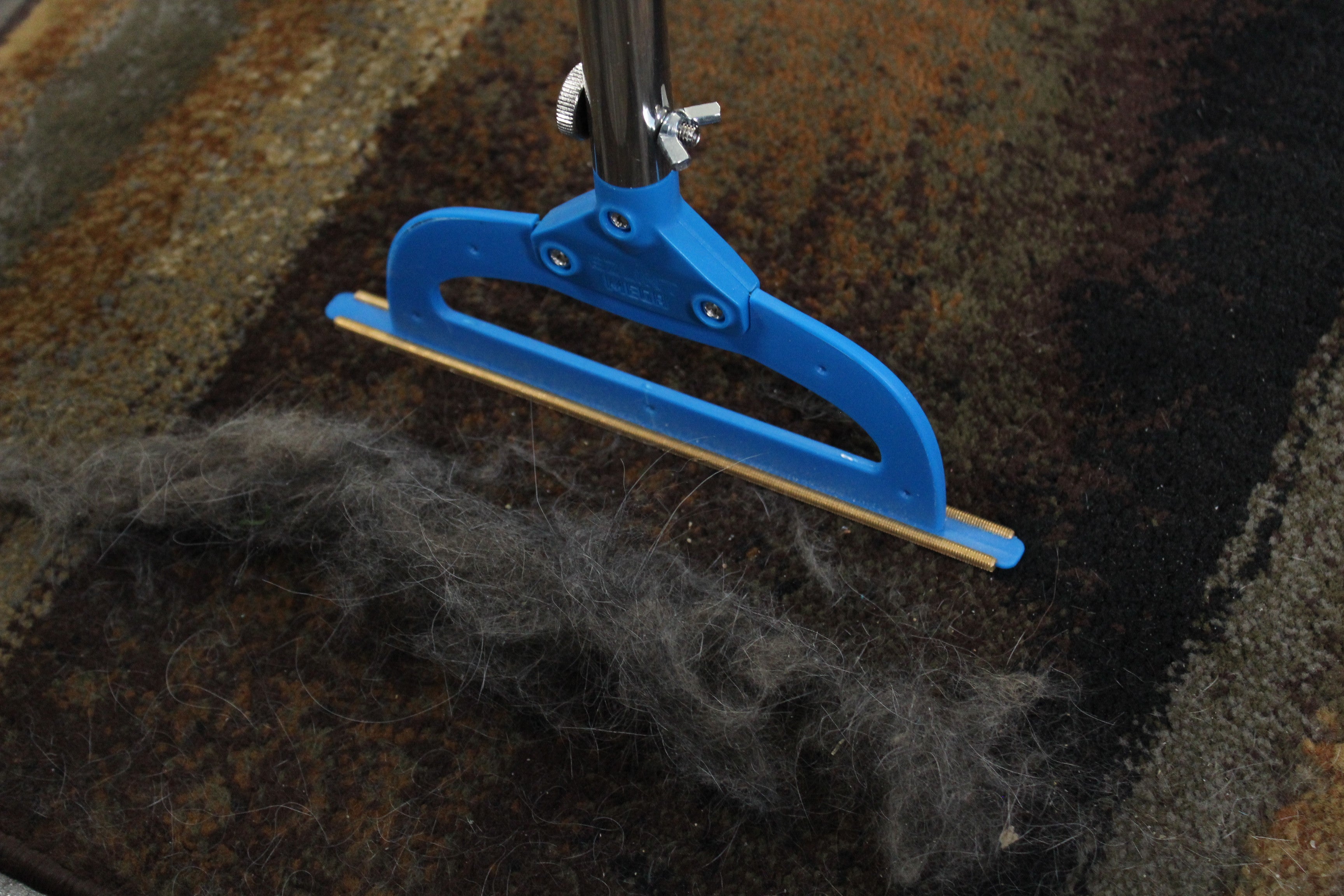PetLovers EzLint reusable roller after a carpet pass, with a thick pile of pulled pet hair sitting in front of the brass blade