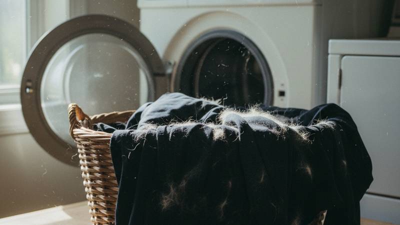 Pet hair still stuck on clothes after washing, before the machine is cleaned