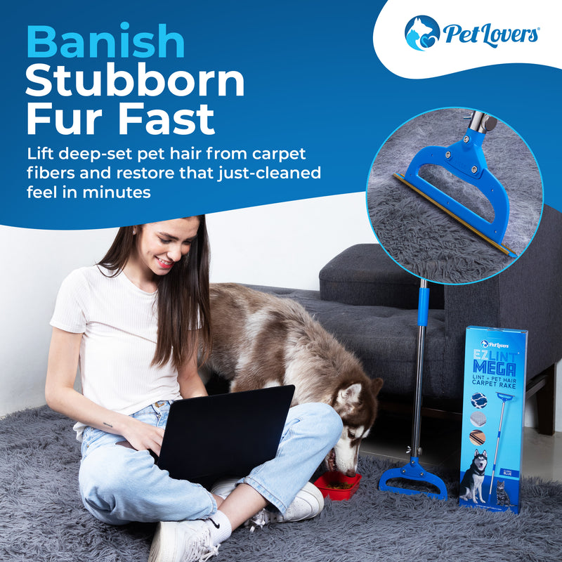 Using carpet rake on stairs for pet hair removal