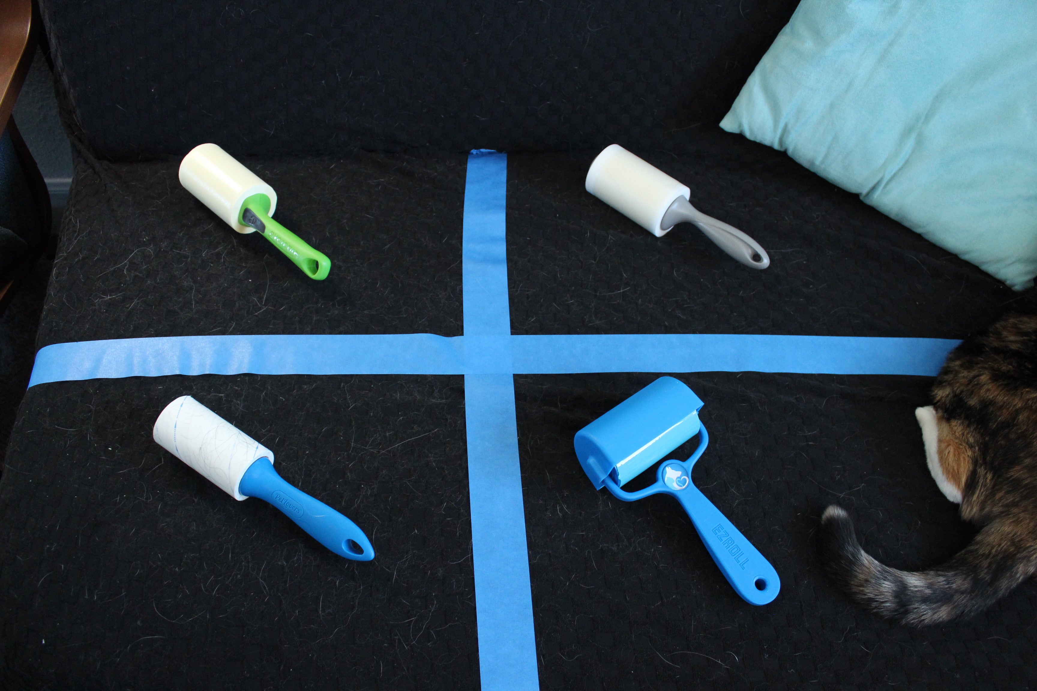 Four pet hair lint rollers arranged in a quadrant grid on a black surface divided by blue tape: Evercare, Scotch-Brite, PetLovers Extra Sticky, and PetLovers EzRoll reusable