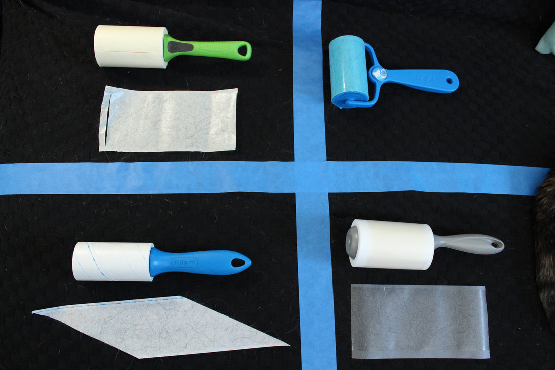Side-by-side stickiness test comparing reusable and disposable lint rollers with the hair each one picked up