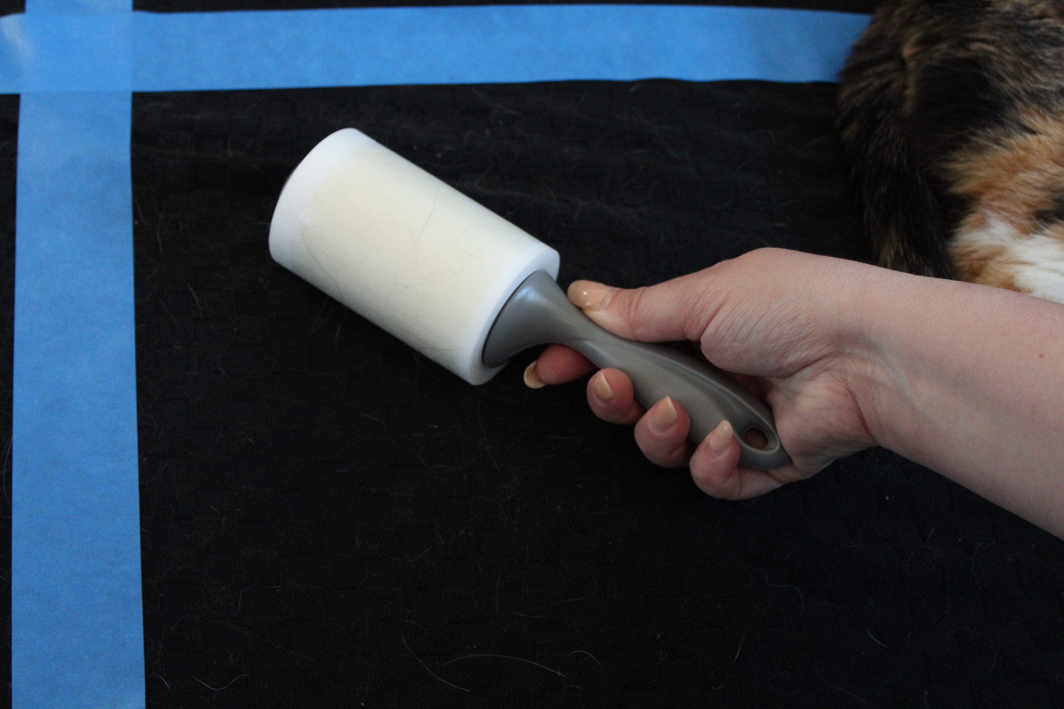 Scotch-Brite lint roller sheet held against a hair-covered surface, showing the amount of pet hair lifted in a single pass