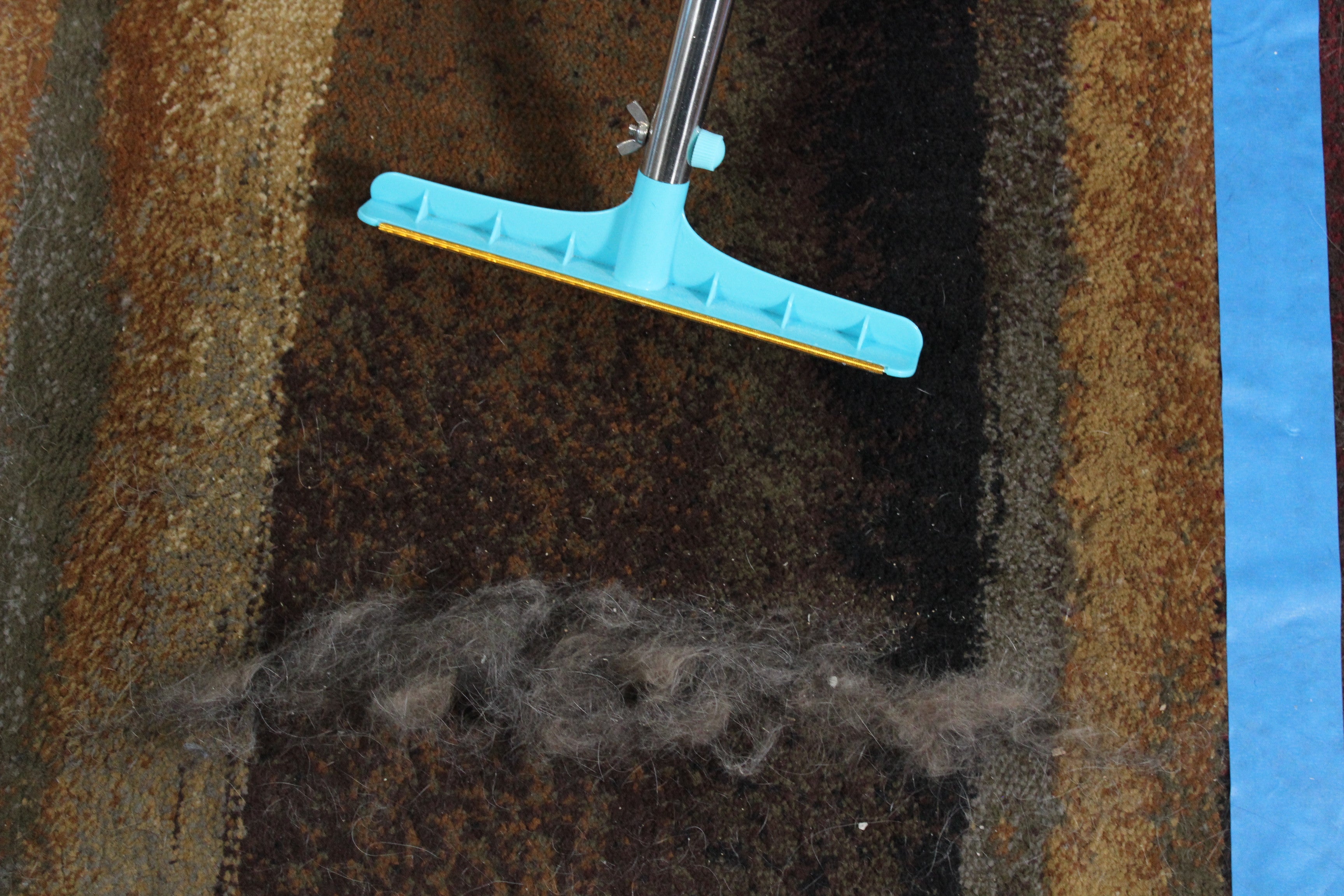 Carpet rake on a multi-color rug with a large pile of pulled pet hair sitting in front of the brass-blade head