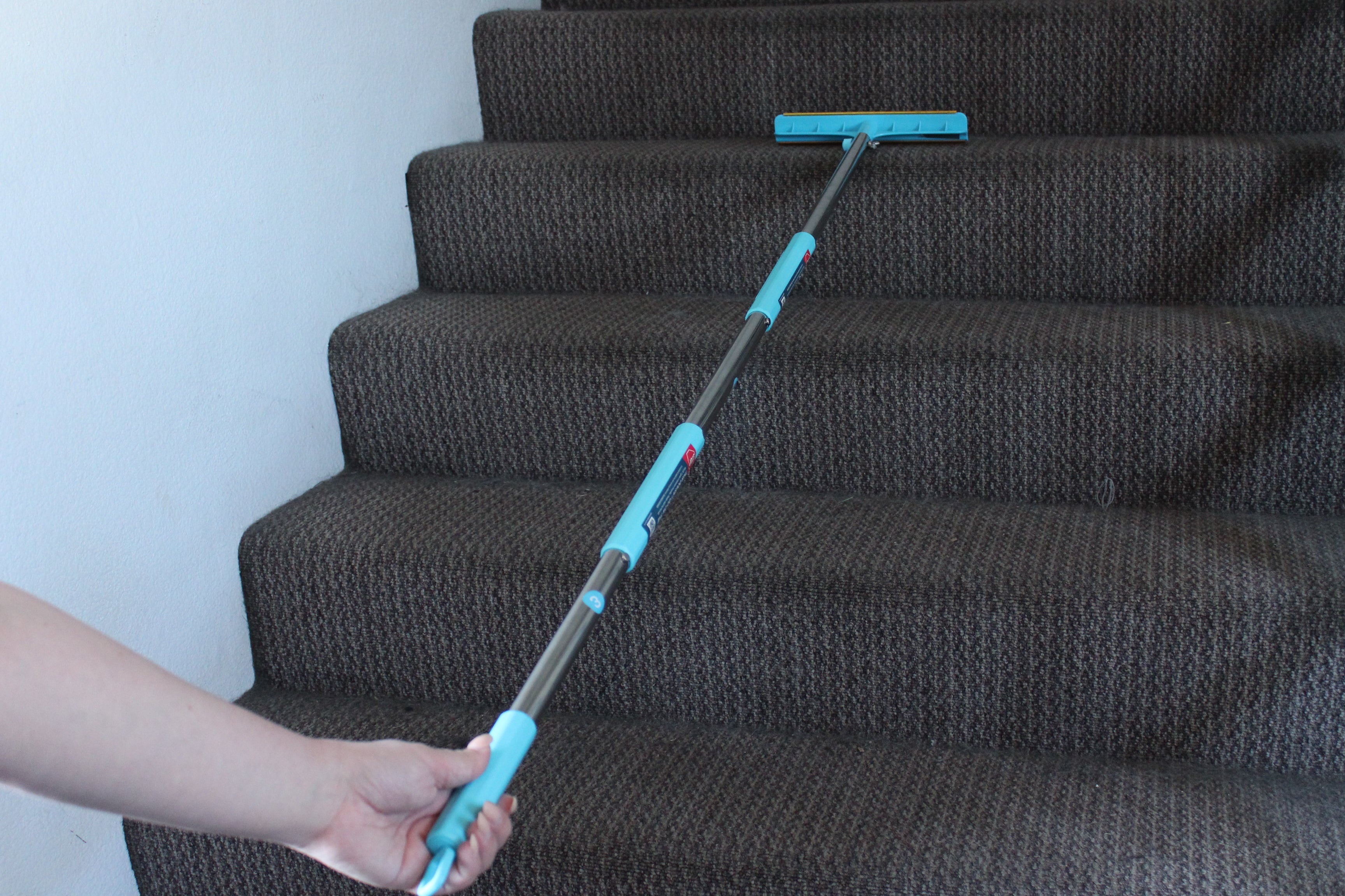 Telescoping carpet rake with a teal head being used on a dark carpeted staircase, demonstrating the standing-up cleaning use case